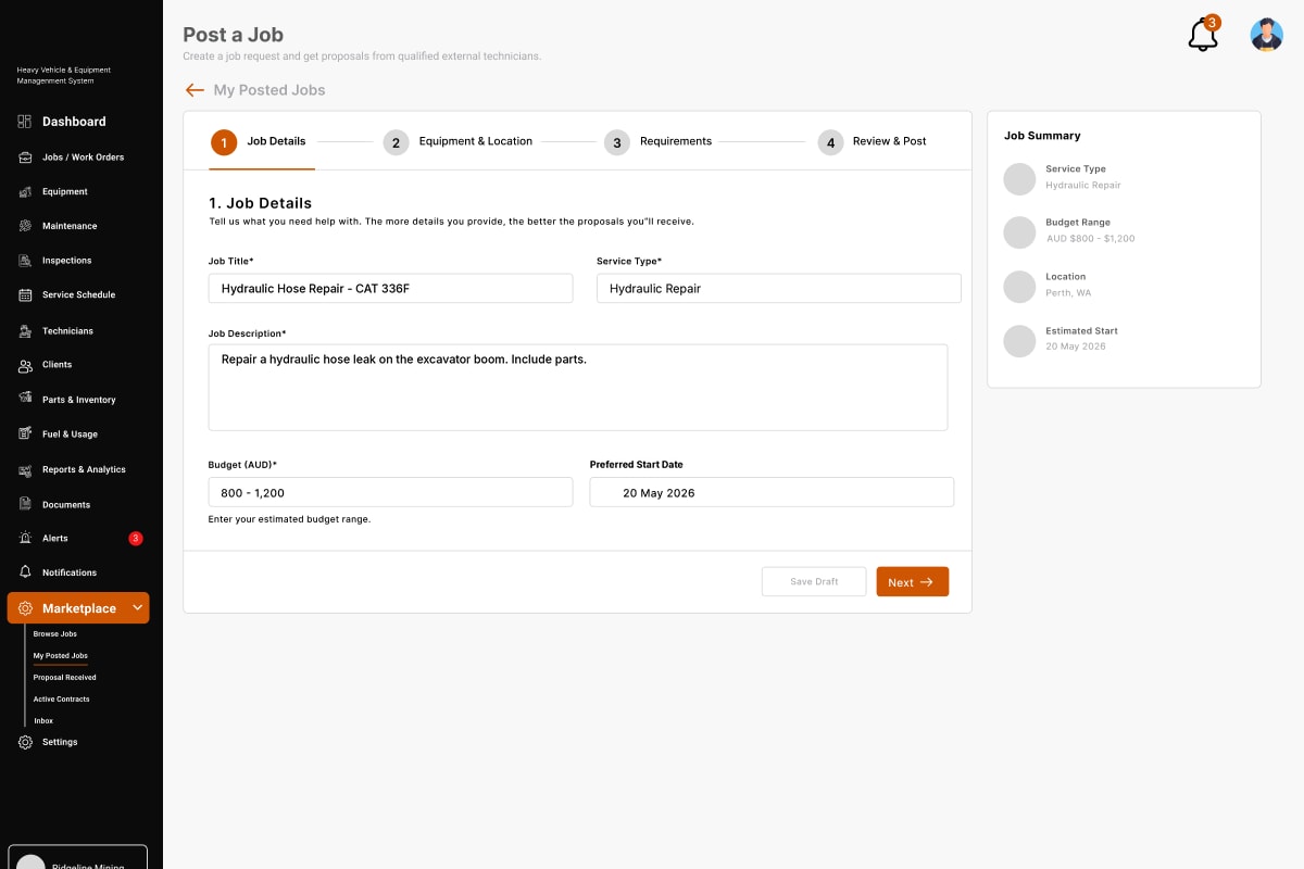 HVEMS Post a Job screen, step one of four (job details, equipment and location, requirements, review and post), with job title, service type, description, budget and preferred start date, beside a job summary.