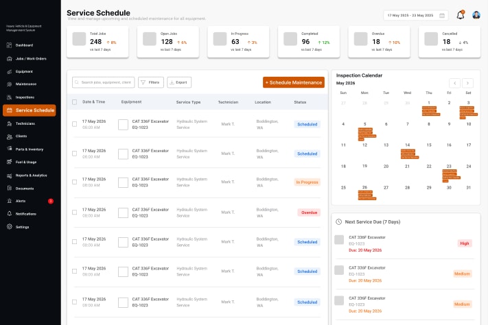 HVEMS Service Schedule screen: scheduled maintenance by date with equipment, service type, technician, location and status, an inspection calendar and equipment due for service in the next seven days.